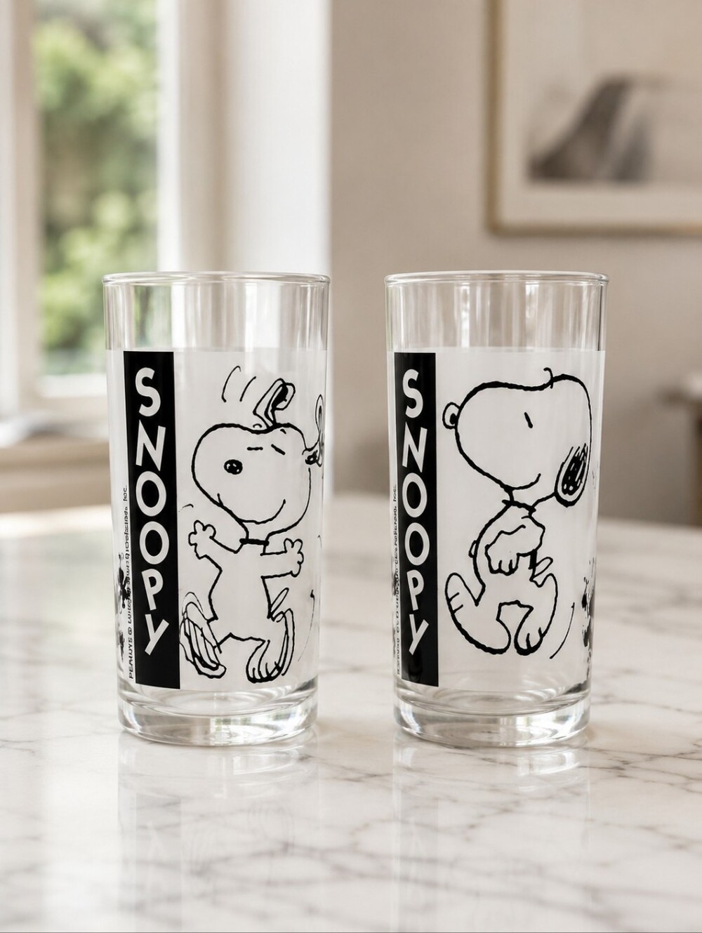 Vintage Peanuts Snoopy 10 oz Drinking Glasses Pair Black White 1990s